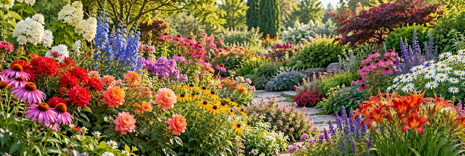 Jardín con flores de muchos colores entre vegetación verde